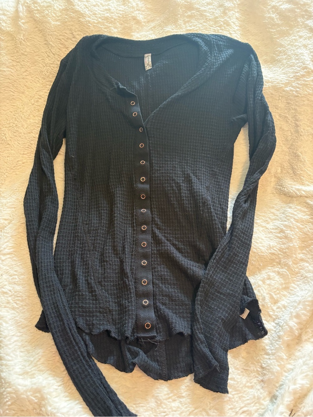 Free People Black Waffle Knit Snap-Front Long Sleeve Top